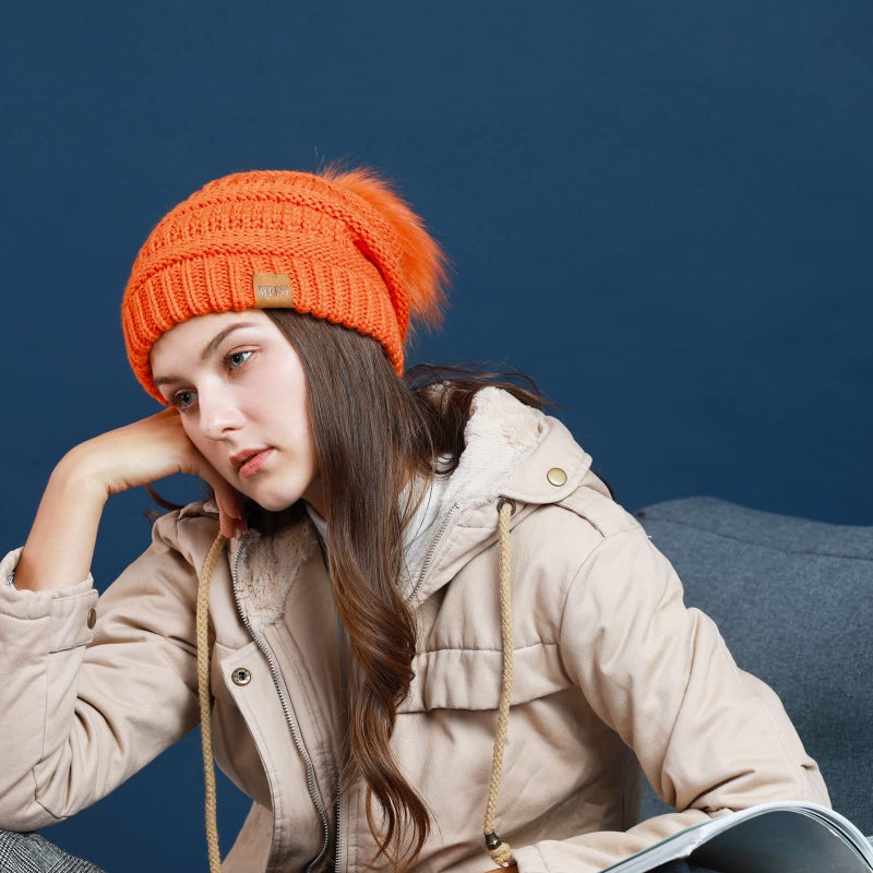 REDESS Women Winter Pom Pom Beanie Hat with Warm Fleece Lined, Oatmeal - Image 2